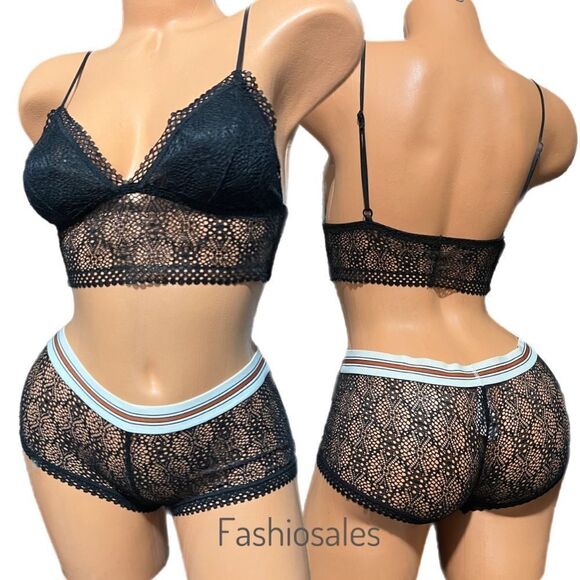 Victoria’s Secret Sheer Mesh Lace padded bralette & shortie mini short black S - Picture 2 of 4
